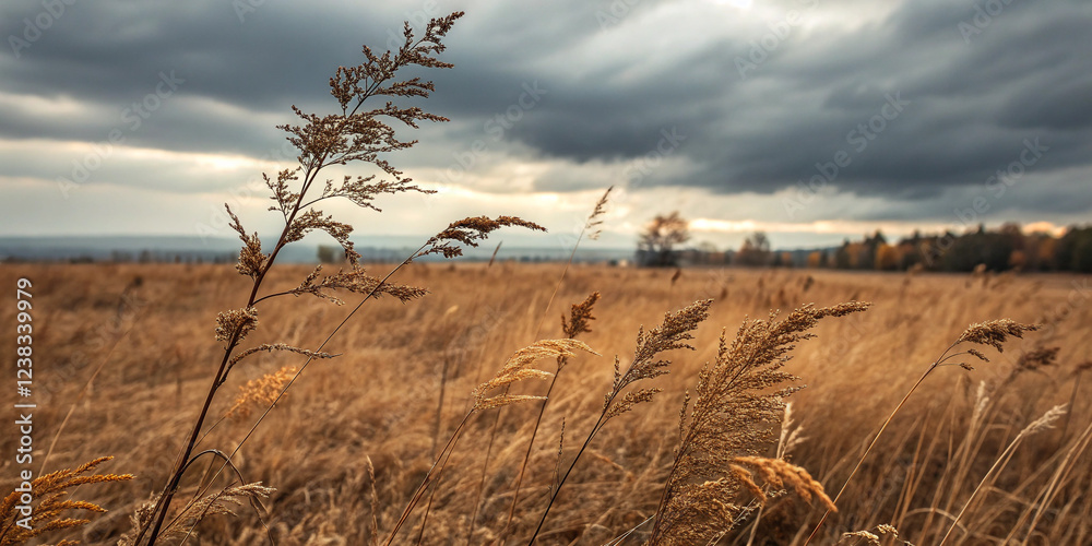 Obraz premium A Somber Image of a Field of Dry Brown Grass Against a Grey Cloudy Sky for Landscape Photography