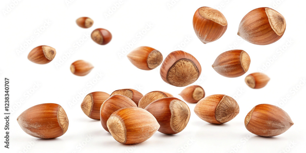 A Captivating Image of Flying Hazelnuts Falling Isolated on a White Background for Culinary Presentation A Captivating Image of Flying Hazelnuts Falling Isolated on a White Background for Culinary Presentation