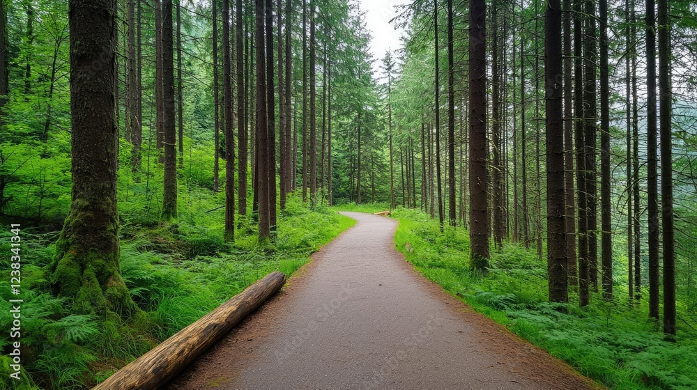 Forest pathway nature concept. A serene path through a lush green forest with tall trees and vibrant foliage. Forest pathway nature concept. A serene path through a lush green forest with tall trees and vibrant foliage.