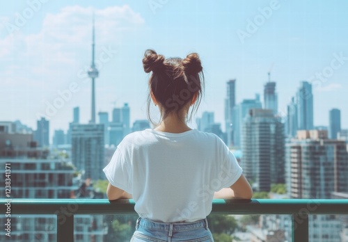 A woman with her hair in pigtails is looking out over a city photo