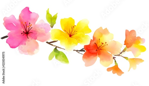 Watercolor spring floral branch with pink, yellow, and orange flowers on a white background. 