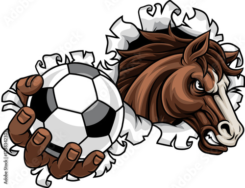 Horse mustang bronco stallion soccer football angry sports team mascot holding a ball.