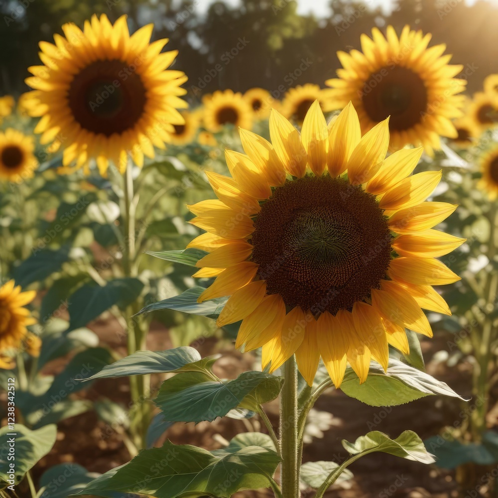 Fototapeta premium Sunflower blooms basking in the golden warmth of a sun-drenched summer afternoon, outdoor scenery, wildflowers