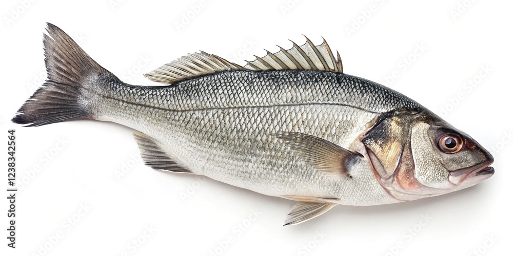 Obraz premium Fresh Sea Bass Fish Isolated on White Background for Culinary Use