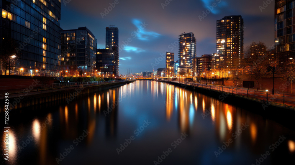 Fototapeta premium serene cityscape at night, featuring illuminated buildings along calm river