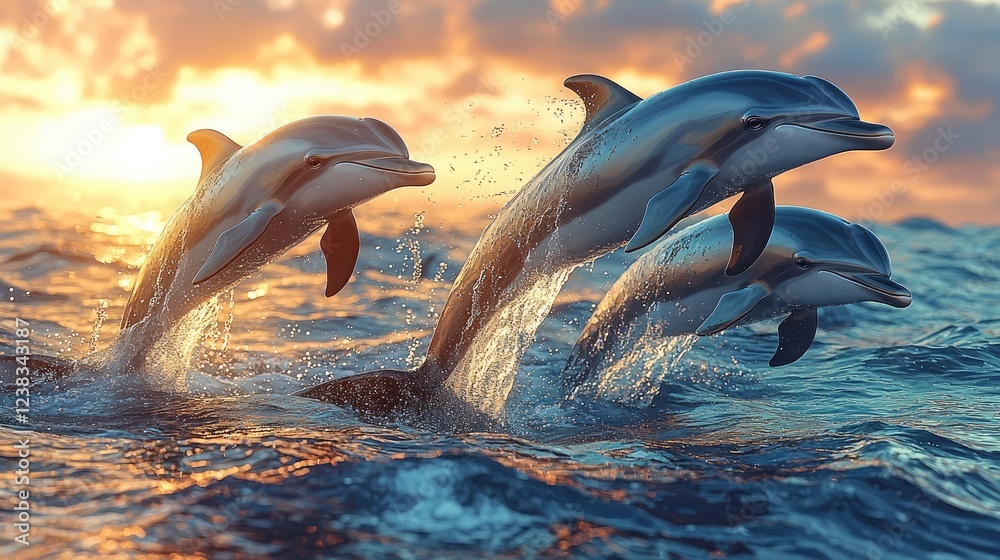 Fototapeta premium Three Dolphins Leap Joyfully At Sunset Over Ocean Waves
