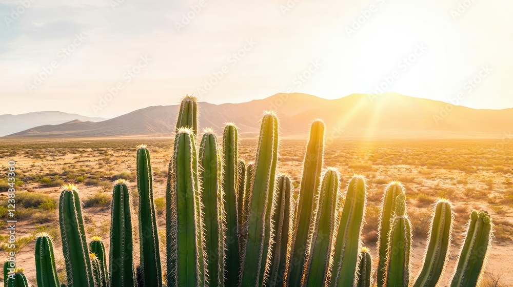 Obraz premium Cactus garden nature idea. A stunning view of a cactus under a warm sunset in the desert landscape.