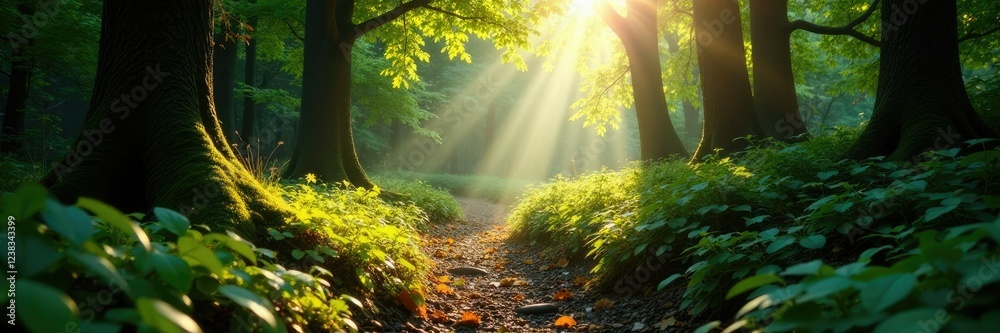 Obraz premium Sunlight casts dappled shadows on the forest floor, forest floor, branch, sunlight