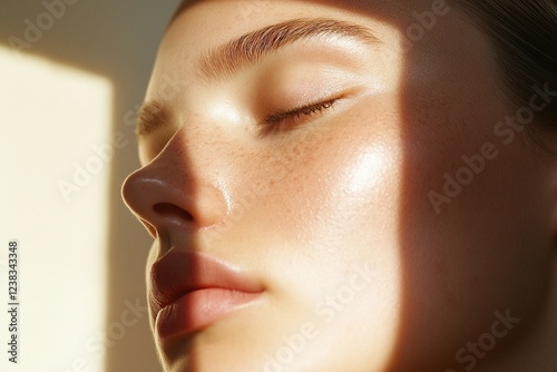 Soft sunlight caresses a woman's serene face while highlighting her natural beauty in warm tones