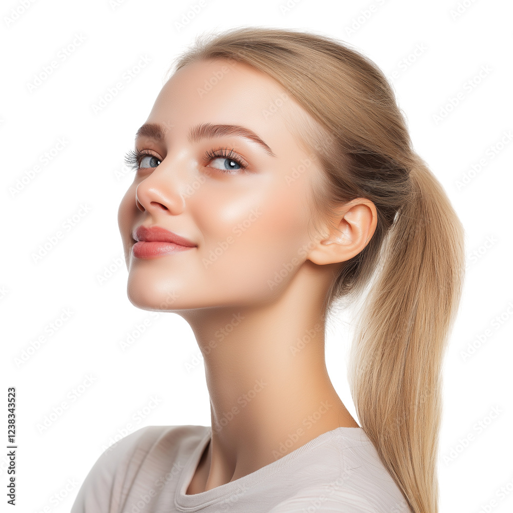 cheerful Caucasian woman with blonde ponytail and light makeup isolated on transparent white background cheerful Caucasian woman with blonde ponytail and light makeup isolated on transparent white background