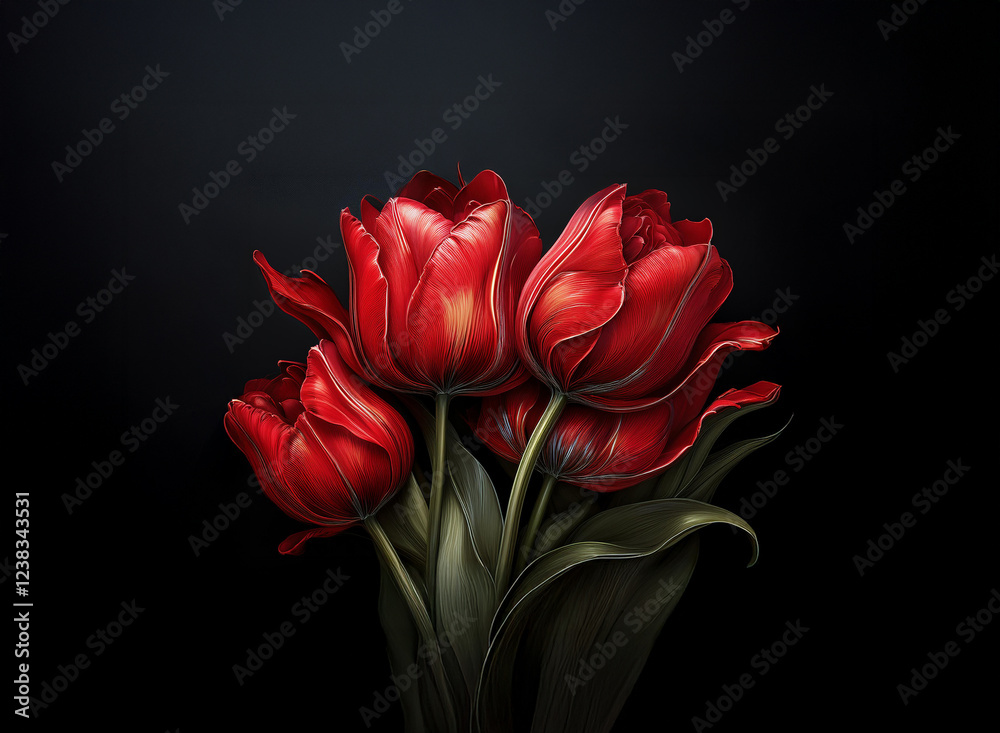 Fototapeta premium Three rich red tulips, petals slightly unfurled, against a deep black background. The lighting emphasizes their velvety texture and saturated color.
