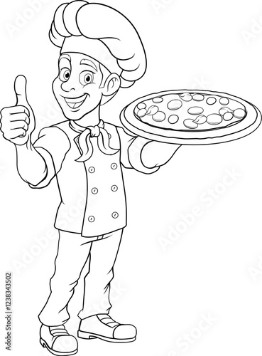 A chef cook holding a pizza cartoon food man mascot character illustration