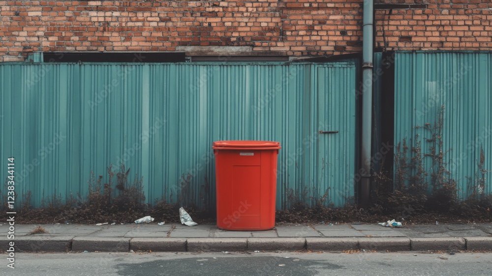 Obraz premium Red bin against teal fence, urban street scene