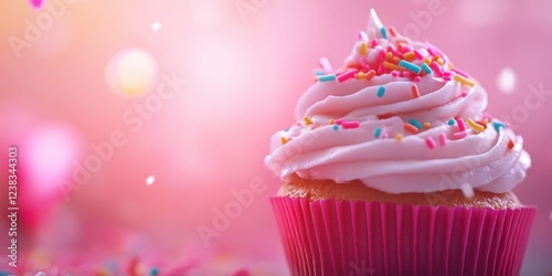 A delightful pink cupcake topped with creamy frosting and colorful sprinkles, perfect for parties and celebrations. photo