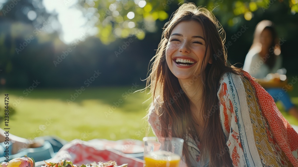 Fototapeta premium A joyful young woman enjoying a bright summer picnic with friends in a sunny park, surrounded by nature and laughter.
