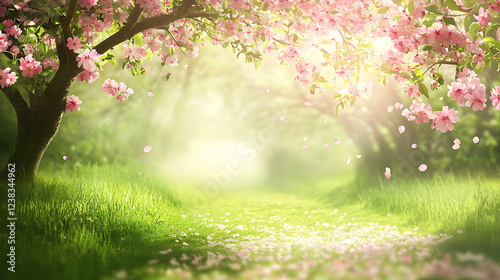 A pathway lined with blooming apple trees, vibrant green grass beneath, soft petals falling gently in the breeze, peaceful and fresh spring setting