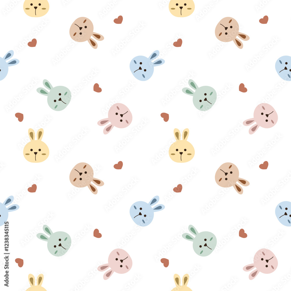Naklejka premium Face rabbit colorful cartoon so cute. On heart white background. Pattern seamless vector illustration. 