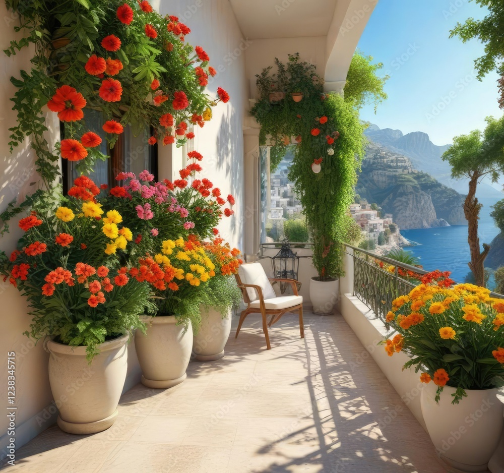 Naklejka premium Sunny balcony with vibrant Mediterranean flowers and a lush greenery backdrop , hausgarten, blumen, mediterrane