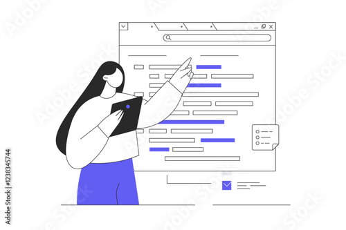 Software Development. Character Woman analyzes. Program and apps creating, engineering and optimization products. Flat Cartoon Vector Illustration, icon. Stylish abstract 