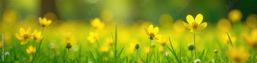 Fototapeta premium Sunny meadow with bright yellow St John s wort flowers, nature, yellow petals, meadow