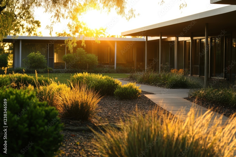 Obraz premium A stunning sunset casts a warm glow over a tranquil garden pathway, beautifully contrasting with the sleek lines of modern buildings and the surrounding lush greenery