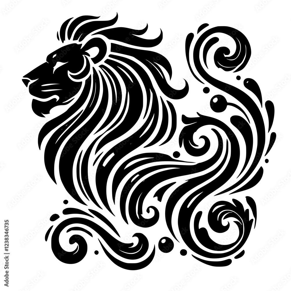 Obraz premium Majestic Lion: A Black and White Abstract Art Print. A regal design featuring a lion's mane and elegant floral swirls, perfect for home decor or tattoo inspiration.
