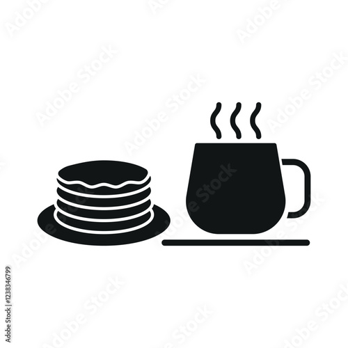 Coffee glass and pancake set icon represents a cozy breakfast and café culture, perfect for bakery branding, menu designs, coffee shop promotions, and food-related visuals.