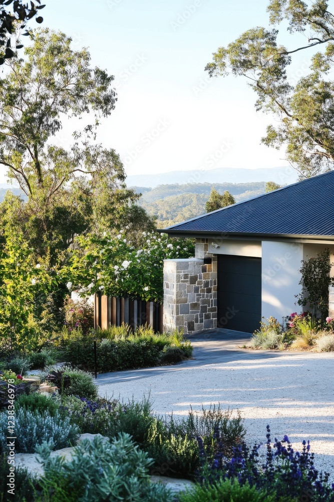 Modern house surrounded by lush greenery and colorful flowers, set against a scenic mountain backdrop in the early morning light Modern house surrounded by lush greenery and colorful flowers, set against a scenic mountain backdrop in the early morning light