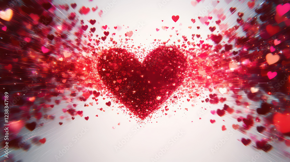 A giant explosion red hearts from mini heart-shape confetti glitter isolated on white background. A giant explosion red hearts from mini heart-shape confetti glitter isolated on white background.