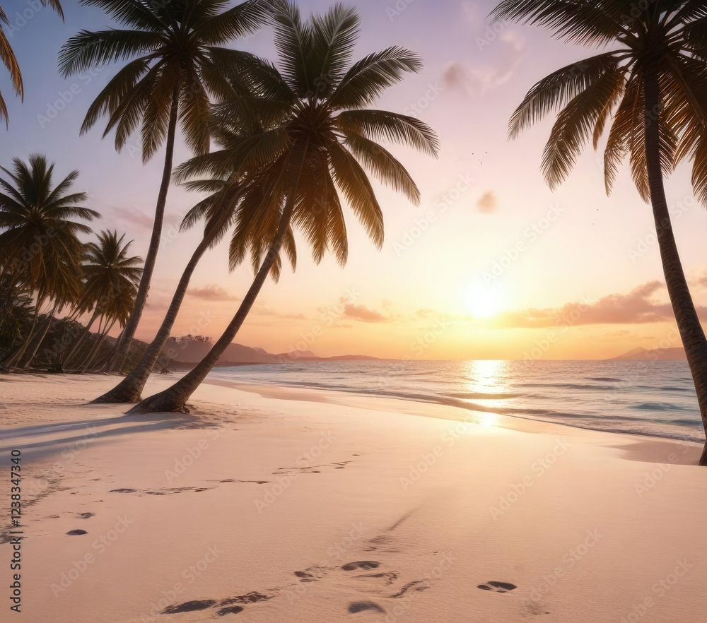 Obraz premium Sunset on a white sandy beach with palm trees, colorful sunset, sky above, nature's beauty.
