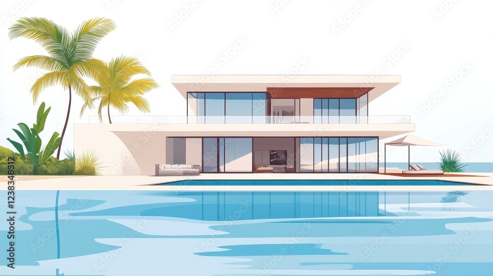Fototapeta premium Modern Minimalist Villa with Pool and Palm Trees in Tropical Setting