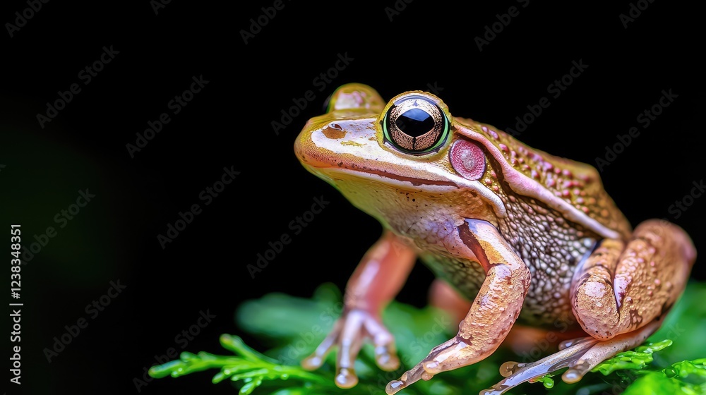 Rainforest frog perched on leaf, dark background, nature Rainforest frog perched on leaf, dark background, nature