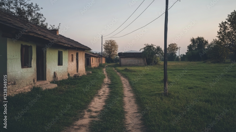 Rural village path, sunset, houses, fields Rural village path, sunset, houses, fields