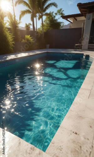 Sun shining on pool water creating sparkles and shadows, glistening, light