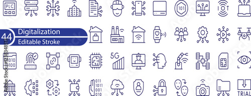 Digitalization Line Editable Icons set. Vector illustration in modern thin line style of technology related icons. digital money, science, robotics, AI, and more. photo