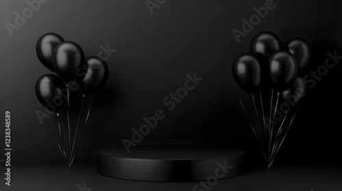 Black Friday banner background template with a podium and balloons on a dark scene for product stand in