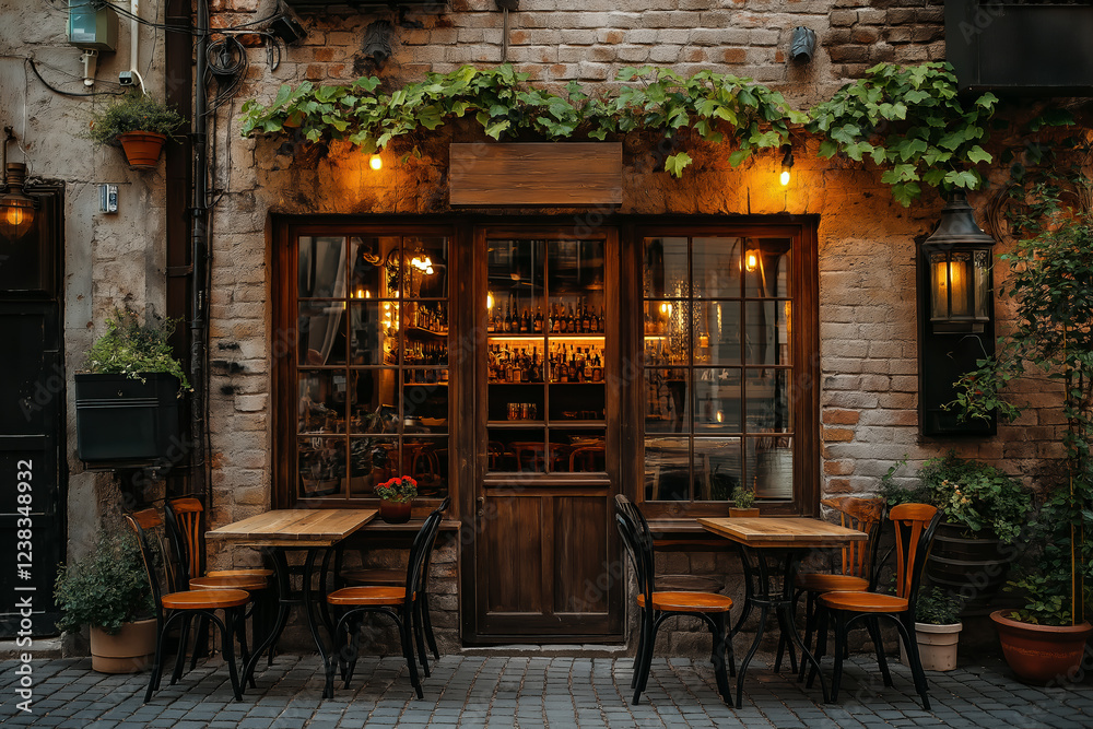 Fototapeta premium Charming bar facade on a cobblestone street in the historic city center with warm lighting and rustic design