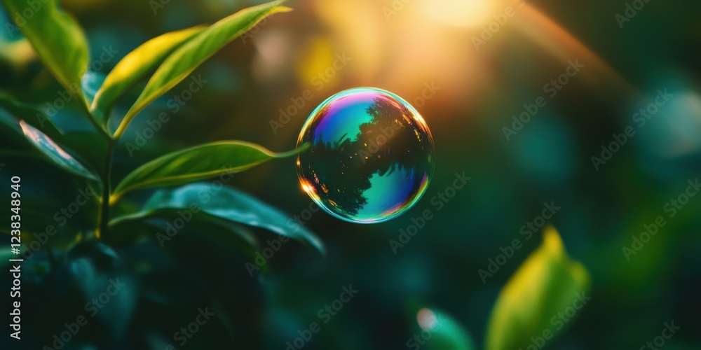 A vibrant soap bubble resting on a leaf, reflecting nature's colors in the sunlight, creating a captivating visual.