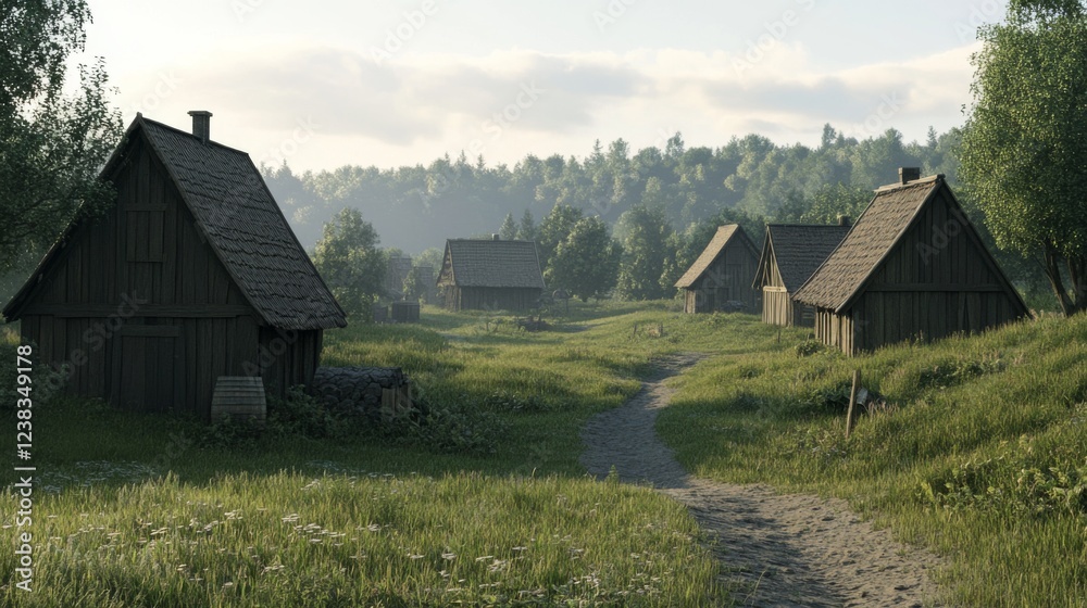 Obraz premium Rural village sunrise, path, forest background; idyllic scene