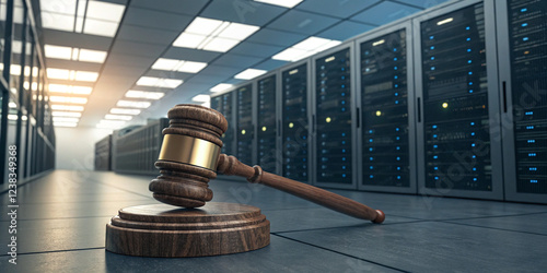 Judge Gavel on a Background of a Data Center for Legal and Technology Concepts