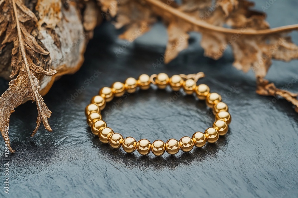 Elegant gold bracelet displayed on textured surface with natural elements in the background Elegant gold bracelet displayed on textured surface with natural elements in the background