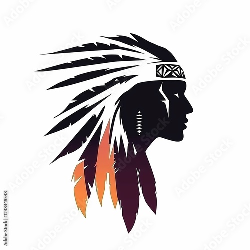 Indian chief, portrait in profile with feathers on a white background in a cartoon. photo