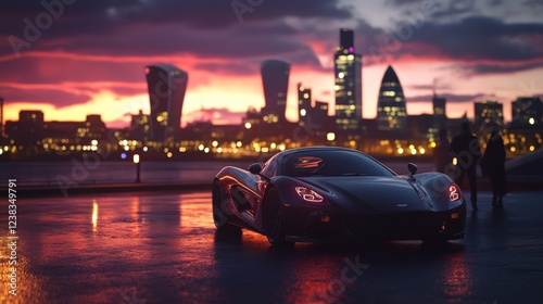 Sleek black sports car by the riverside at sunset, city skyline in background, lights shining brightly, an urban evening scene.