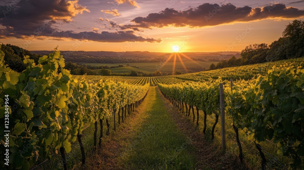 Naklejka premium Vineyard at Sunset: A Beautiful Landscape with Rows of Grapevines and Golden Sunlight