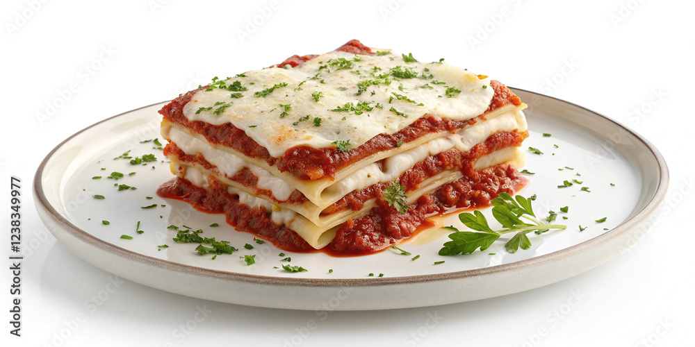 A Delicious Lasagna on a Plate Isolated on a White Background, Perfect for Culinary Photography A Delicious Lasagna on a Plate Isolated on a White Background, Perfect for Culinary Photography