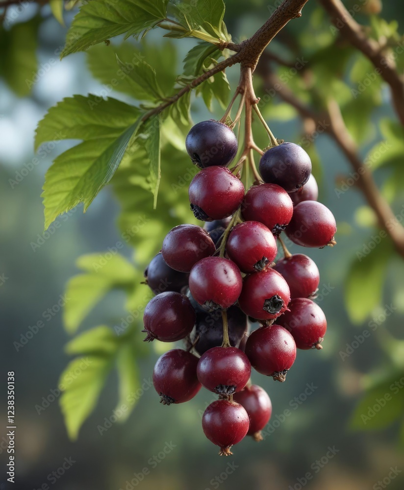 Sweet and juicy haskap berries hanging from a branch , woodland berries, Lonicera caerulea Sweet and juicy haskap berries hanging from a branch , woodland berries, Lonicera caerulea