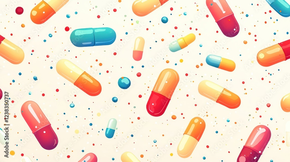 Colorful capsules falling on beige background, medical illustration Colorful capsules falling on beige background, medical illustration