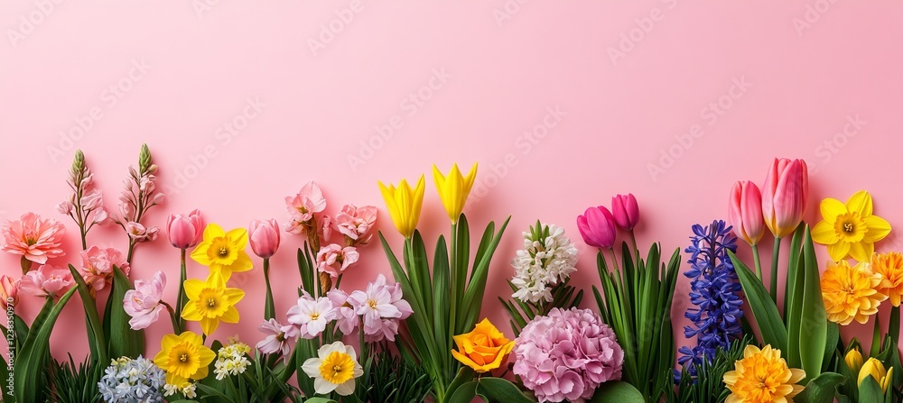 Obraz premium Vibrant Spring Floral Arrangement Daffodils, Hyacinths, and Tulips on Pink Background