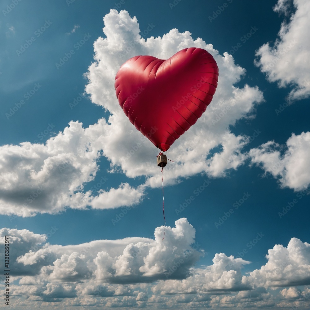 Fototapeta premium A heart-shaped rose-red balloon floating in a sky of soft white clouds.