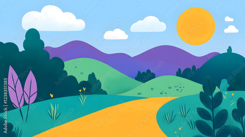 Serene landscape painting with a winding path leading to purple mountains under a bright yellow sun. Serene landscape painting with a winding path leading to purple mountains under a bright yellow sun.